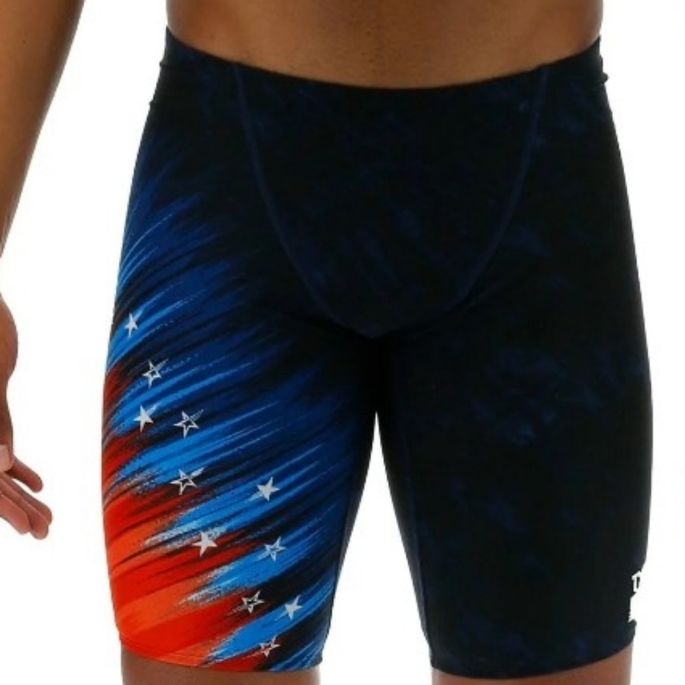 XL (38)TYR Men’s Black Swim Trunks with Red & Blue Feathered Accent - Picture 3 of 5
